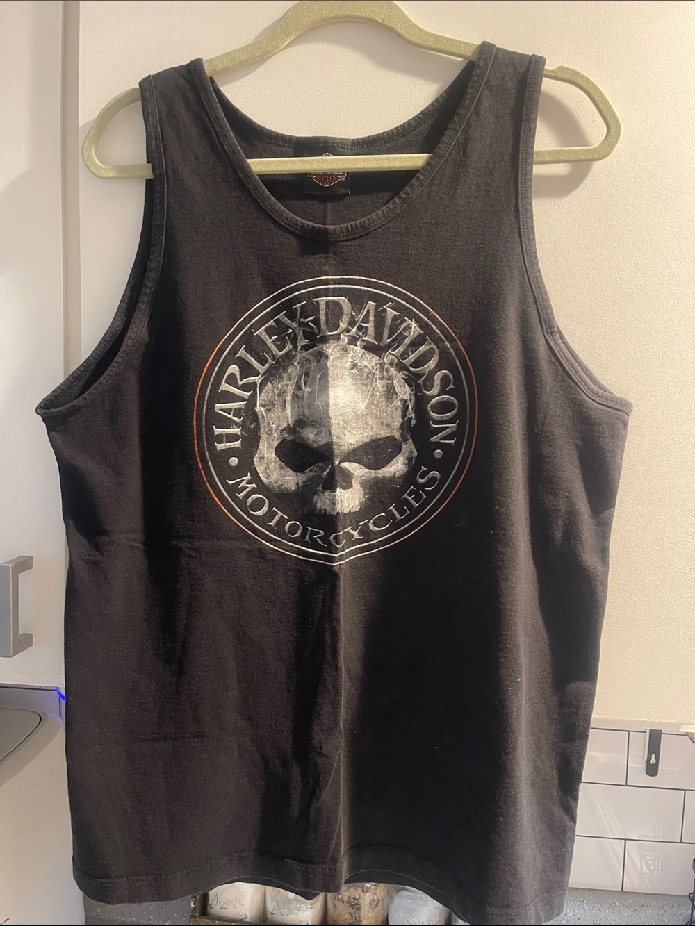 Harley-Davidson Black Tank with White Skull Logo and Orange Ring